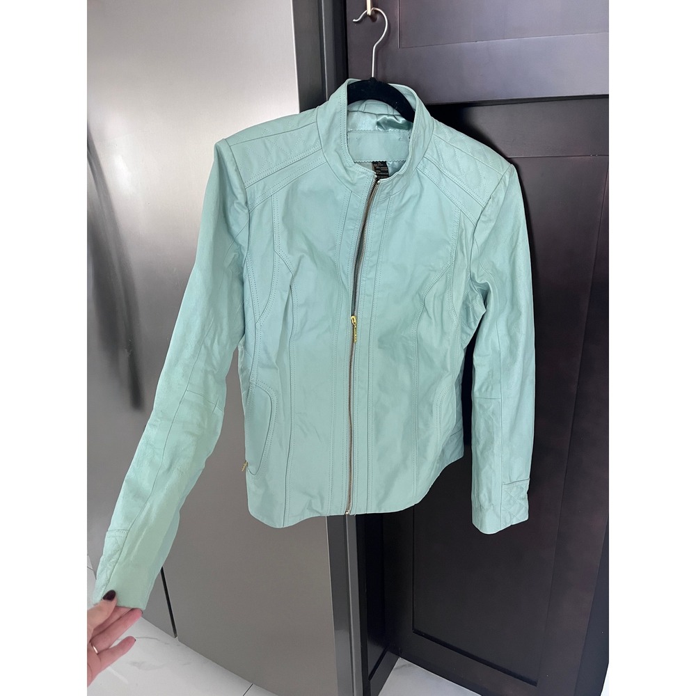 IMAN Genuine Leather Moto Jacket XL Mint Aqua Quilted Gold Zip Biker Chic